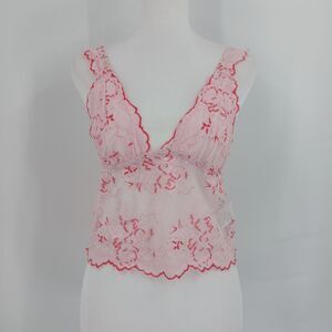 Shein Women's Pink Floral Lace Trim Cami Top size medium sheer mesh babydoll